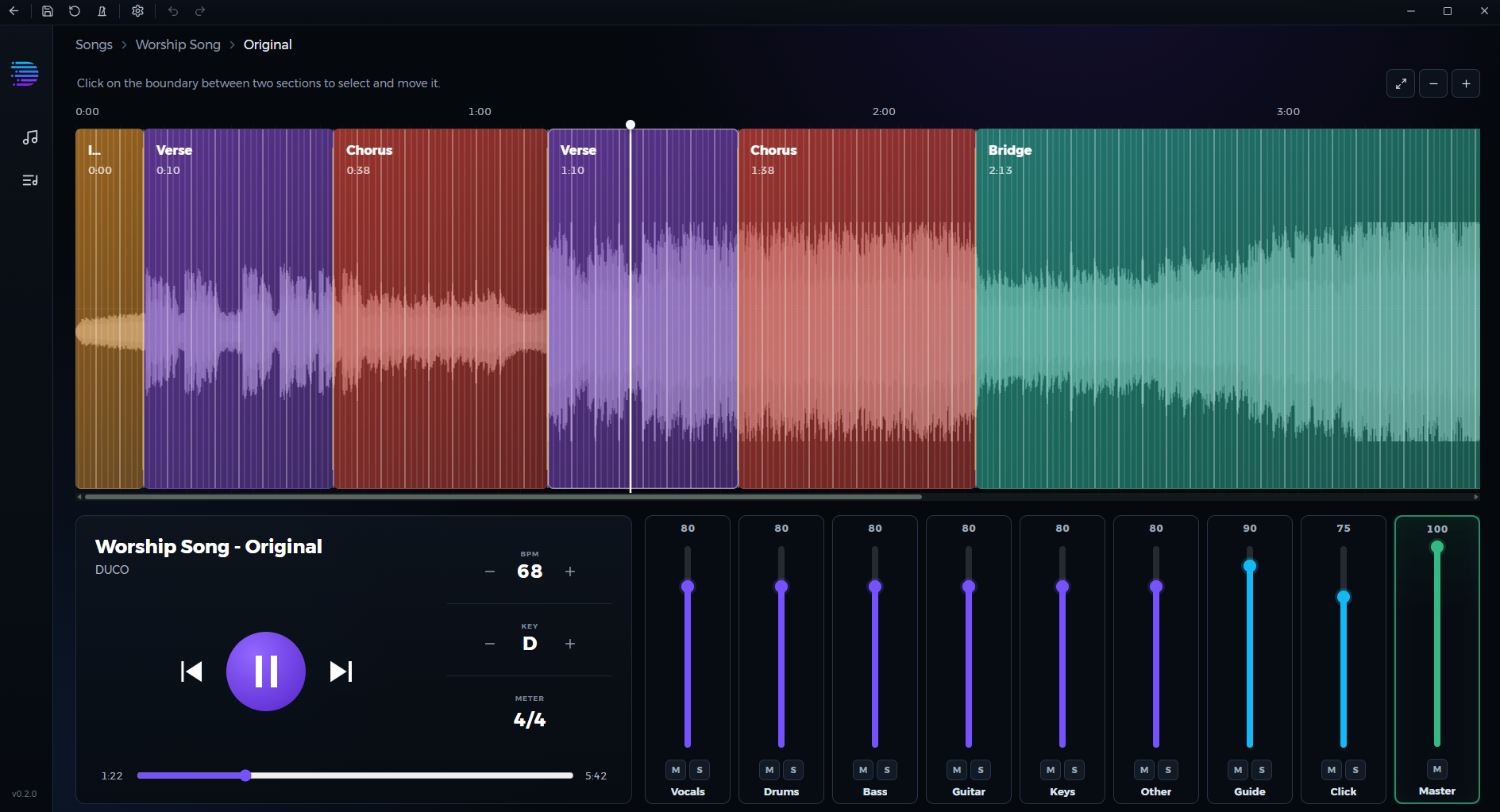 DUCO private-alpha arrangement editor showing colour-coded song sections, a waveform, playback controls and mixer channels